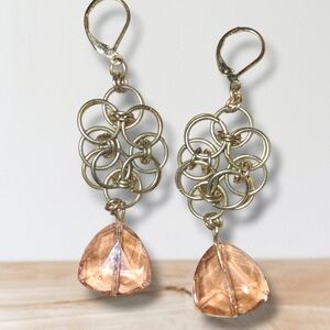 Celtic Chainmaille Weave Dangly Earrings Silvertone And Peach